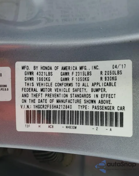 2017 Honda Accord Sport из США, поврежденный, VIN 1HGCR2F55HA212840